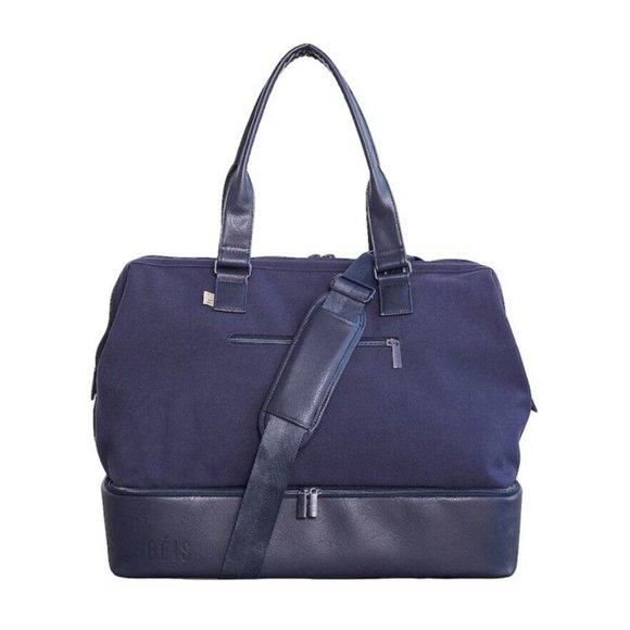 BEIS The Weekend Bag Navy Blue Travel Canvas Faux Leather